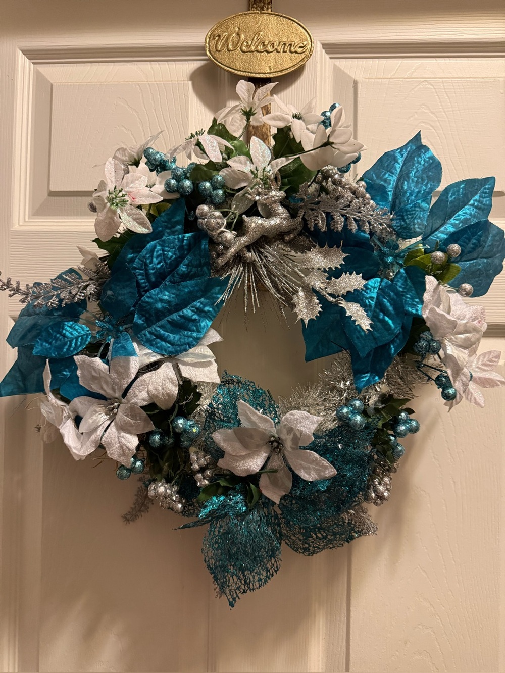 Blue & White Christmas Wreath Silver, White & Blue Reindeer Poinsettia